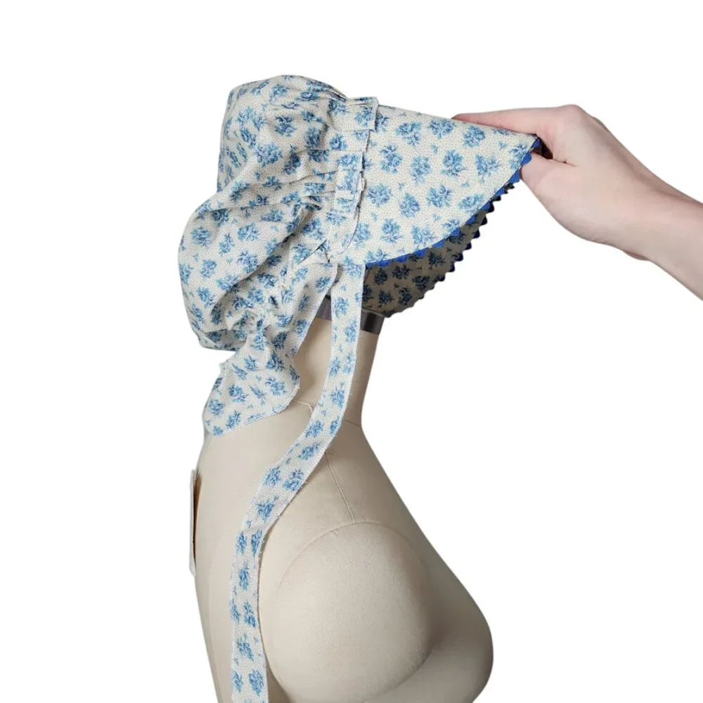 VINTAGE Prairie Cottagecore Blue Floral Sun Bonnet Hat with Ruffle Ties NEW - Picture 2 of 10